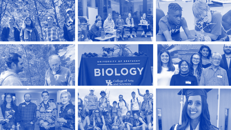 A faded blue 3x3 collage of pictures that include students faculty members and alumni at various events