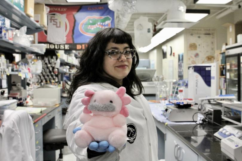 A self photo of graduate student Brianda López Aviña in the lab. She's holding a stuffed axolotl. 